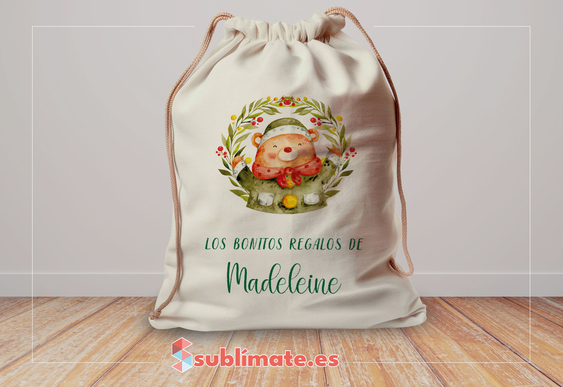 Saco para Regalos personalizado con animales_Oso verde