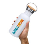 Bidón de acero inoxidable blanco personalizado 620 ml y tapa bambú
