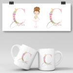 Taza personalizada con Inicial Nombre y Bailarina para Bautizo y Primera Comunion