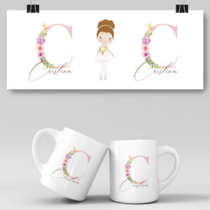 Taza personalizada con Inicial Nombre y Bailarina para Bautizo y Primera Comunion
