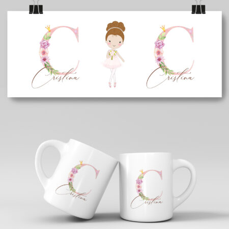 Taza personalizada con Inicial Nombre y Bailarina para Bautizo y Primera Comunion