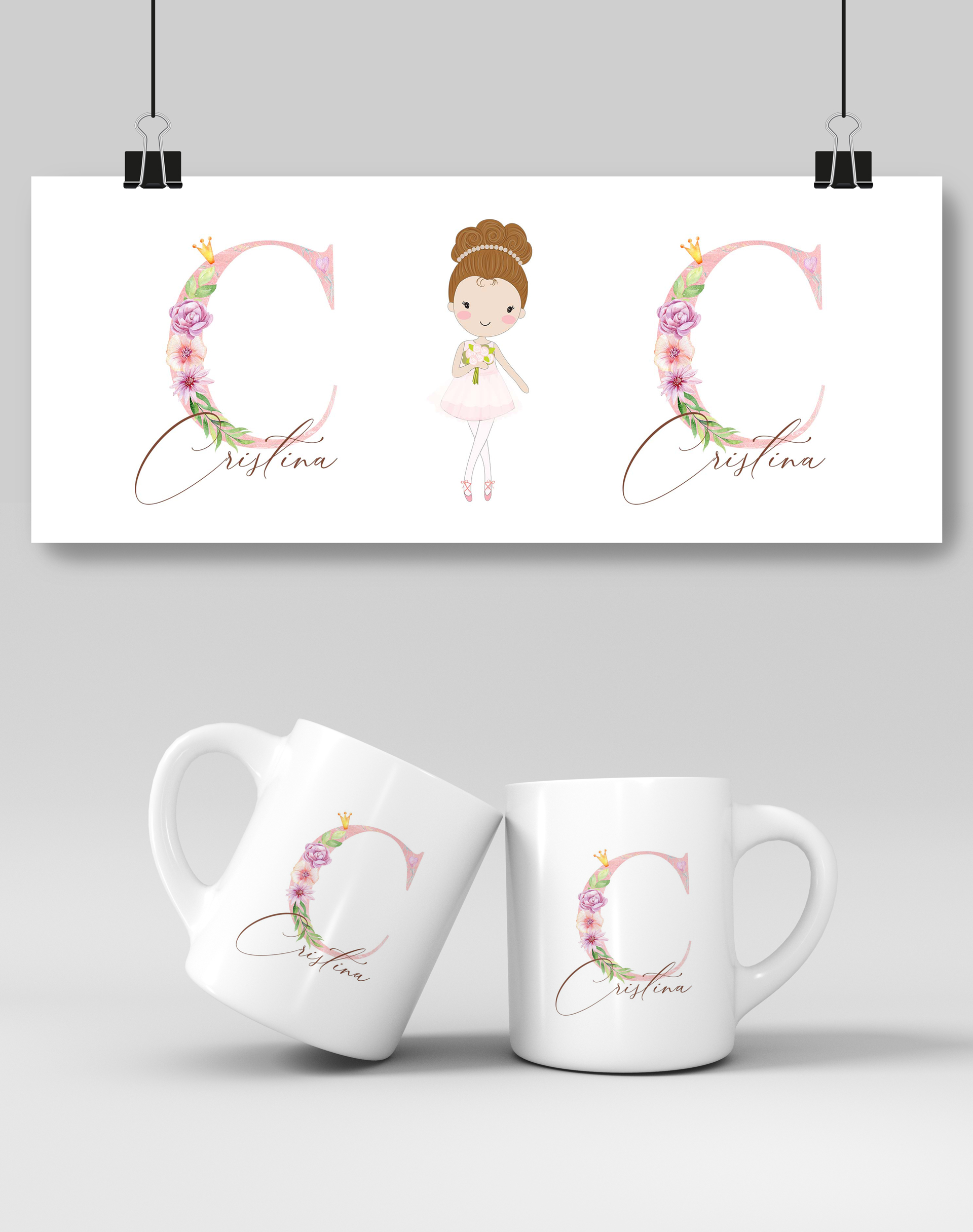 Taza personalizada con Inicial Nombre y Bailarina para Bautizo y Primera Comunion