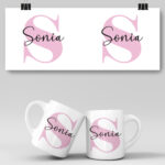 Taza personalizada con Inicial rosa y Nombre para Bautizo y Primera Comunion