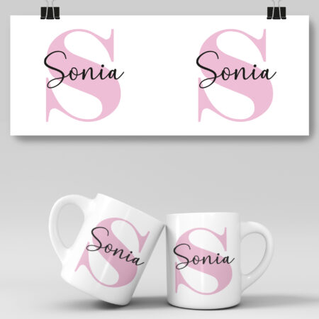Taza personalizada con Inicial rosa y Nombre para Bautizo y Primera Comunion