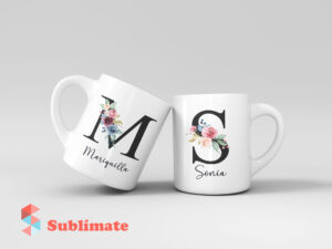 Taza personalizada con Inicial negra de flores y Nombre para Bautizo y Primera Comunion