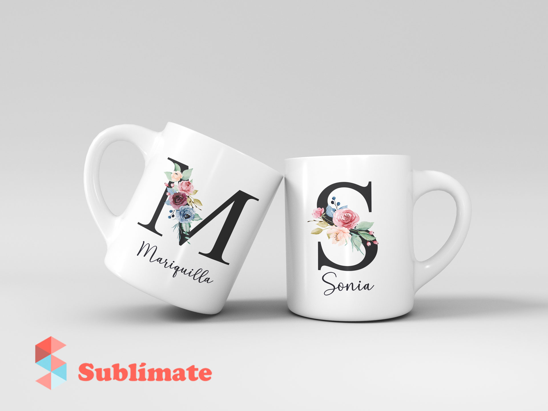 Taza personalizada con Inicial negra de flores y Nombre para Bautizo y Primera Comunion
