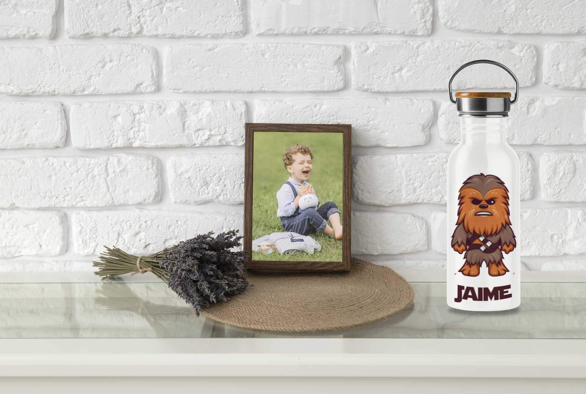Bidón de acero inoxidable personalizado y tapa bambú Chewbacca