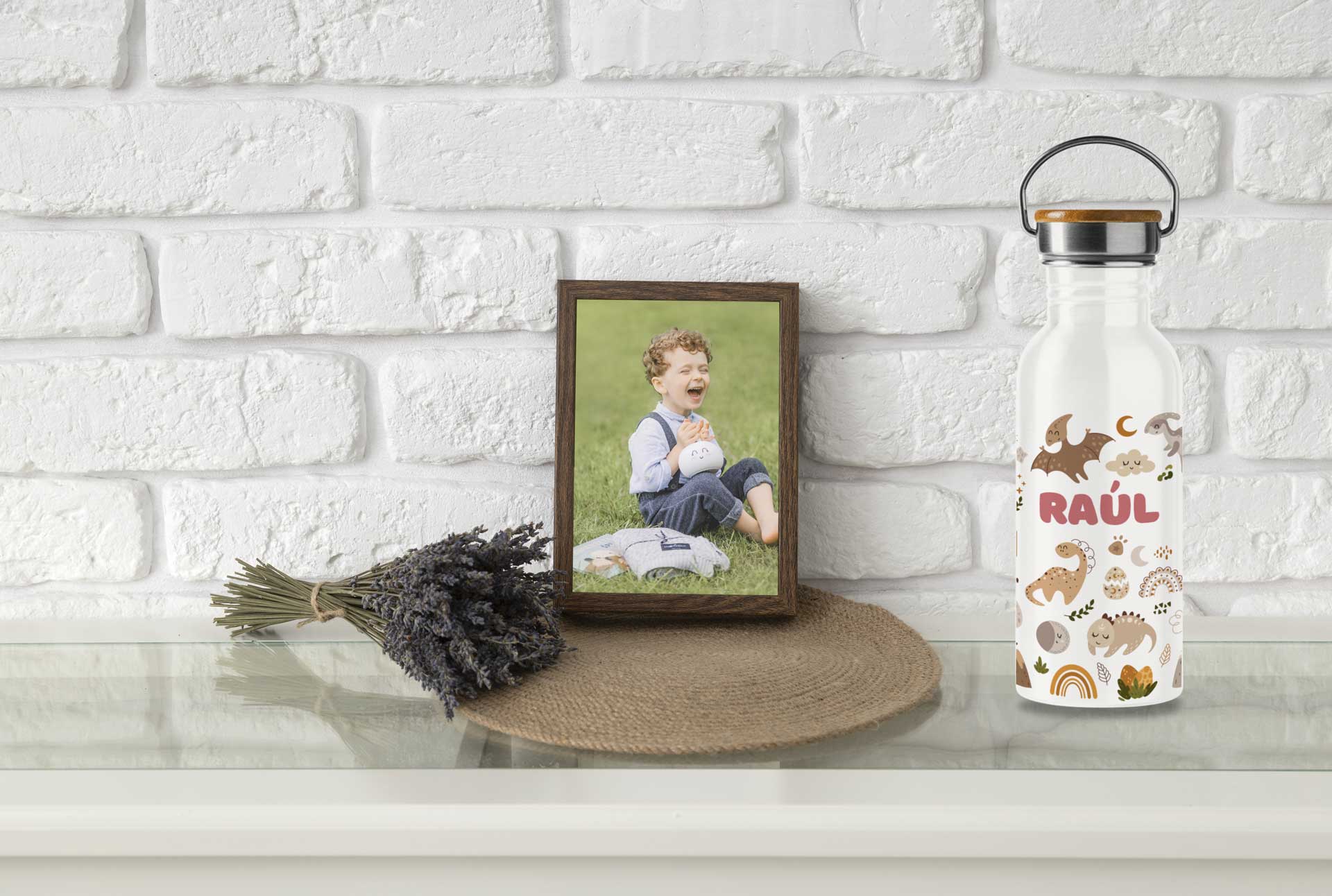 Botellas de Acero tapa bambú Personalizadas con Diseños de Dinosaurios para Niños