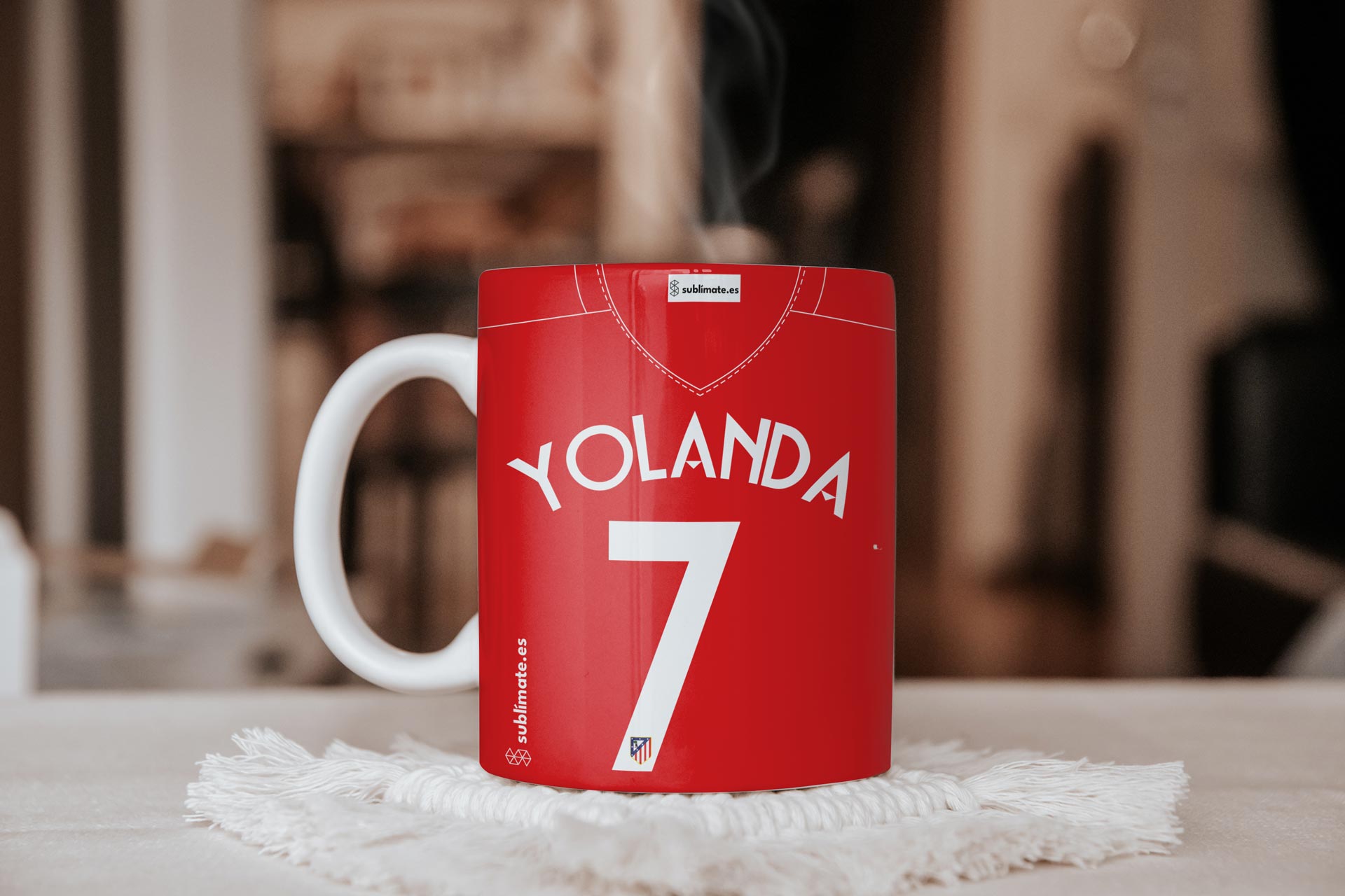 Taza Personalizada del Atlético de Madrid con tu Nombre y Número Favorito_Yolanda